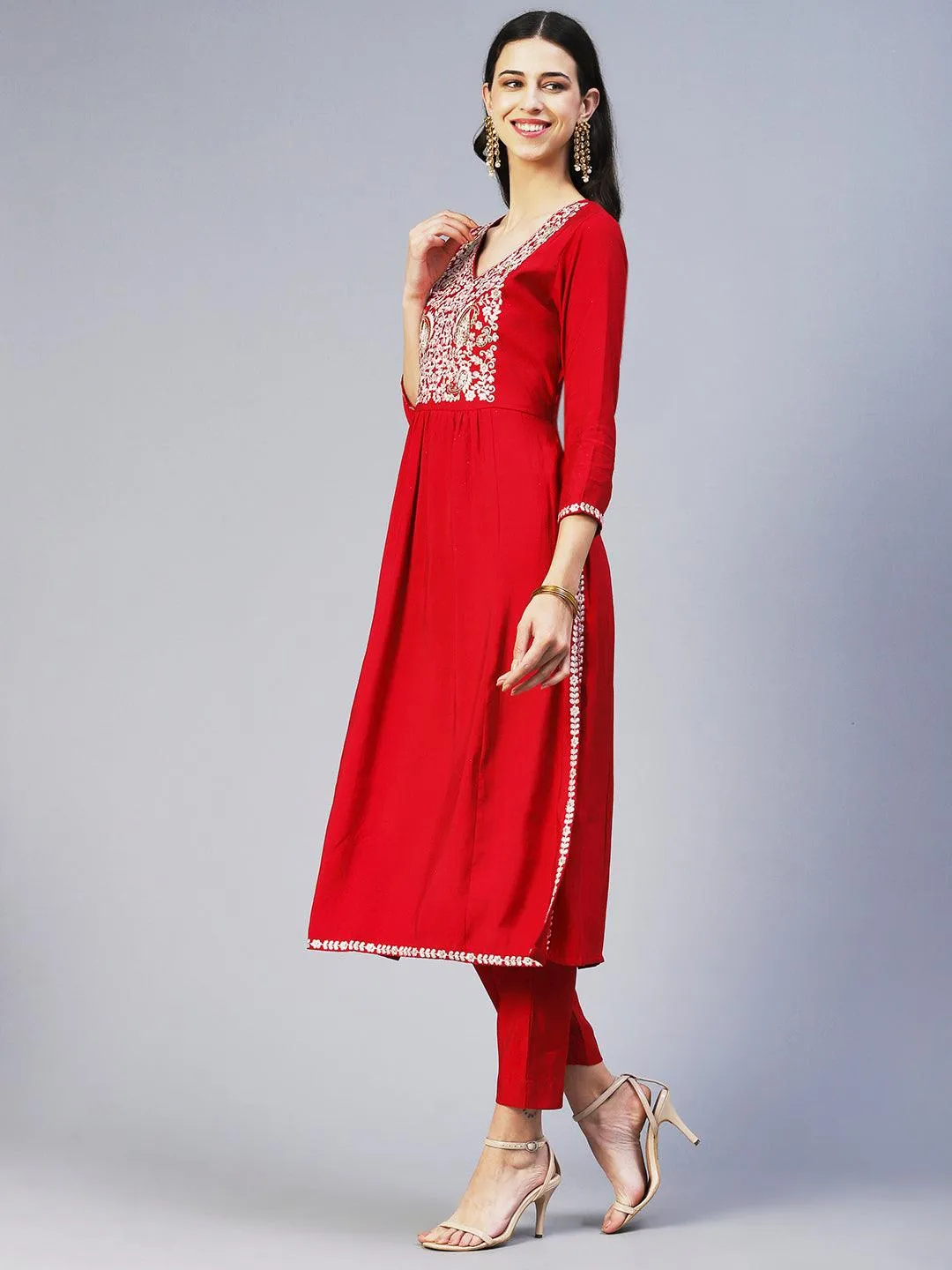 Floral Embroidered A-Line Kurta with Pant & Dupatta - Fuchsia