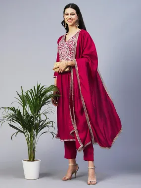 Floral Embroidered A-Line Kurta with Pant & Dupatta - Fuchsia
