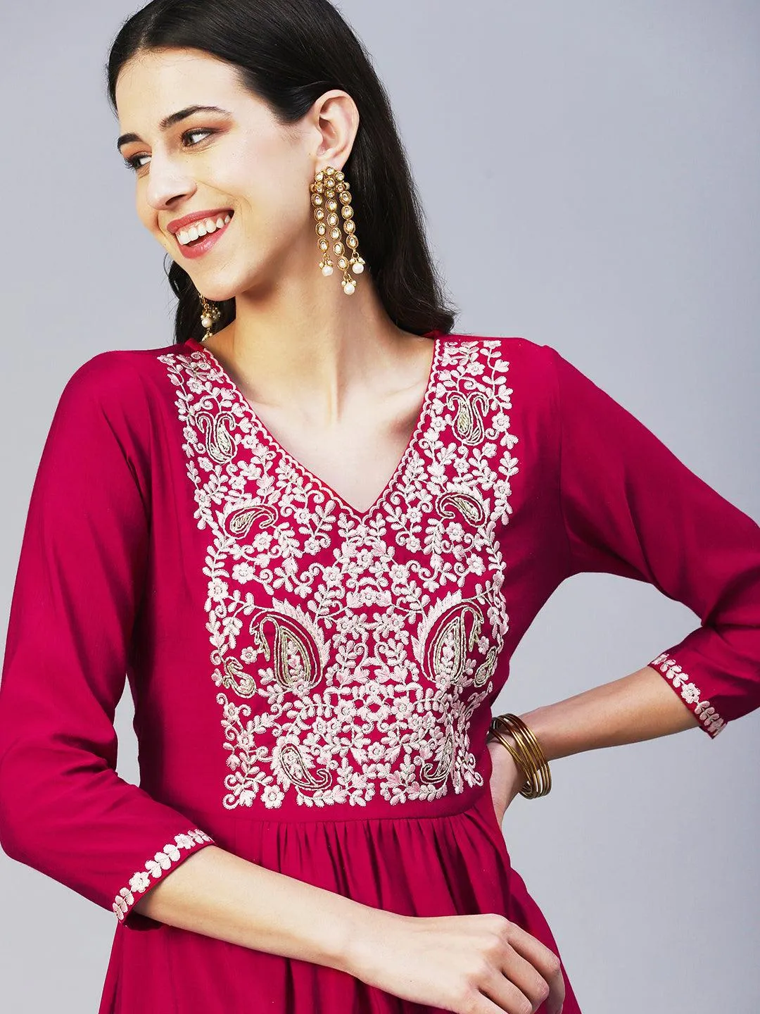 Floral Embroidered A-Line Kurta with Pant & Dupatta - Fuchsia
