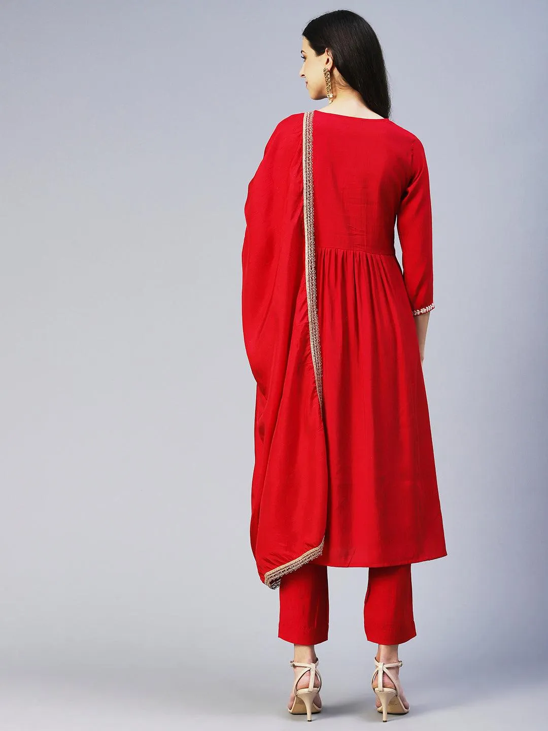 Floral Embroidered A-Line Kurta with Pant & Dupatta - Fuchsia