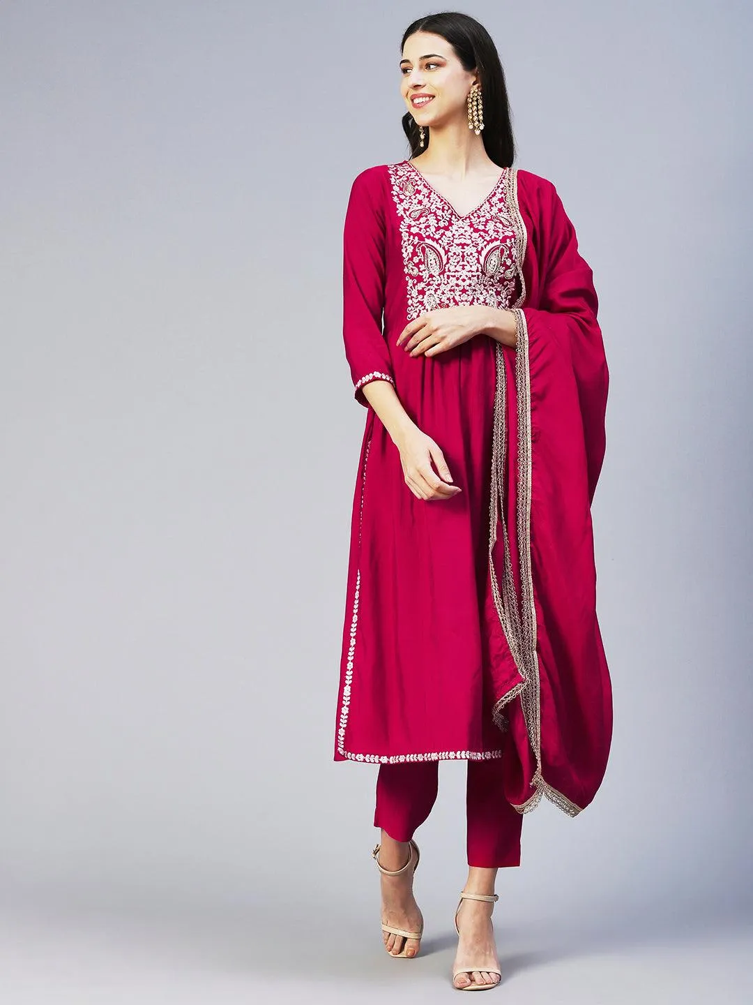 Floral Embroidered A-Line Kurta with Pant & Dupatta - Fuchsia