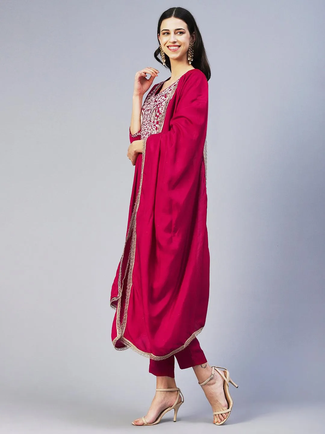 Floral Embroidered A-Line Kurta with Pant & Dupatta - Fuchsia