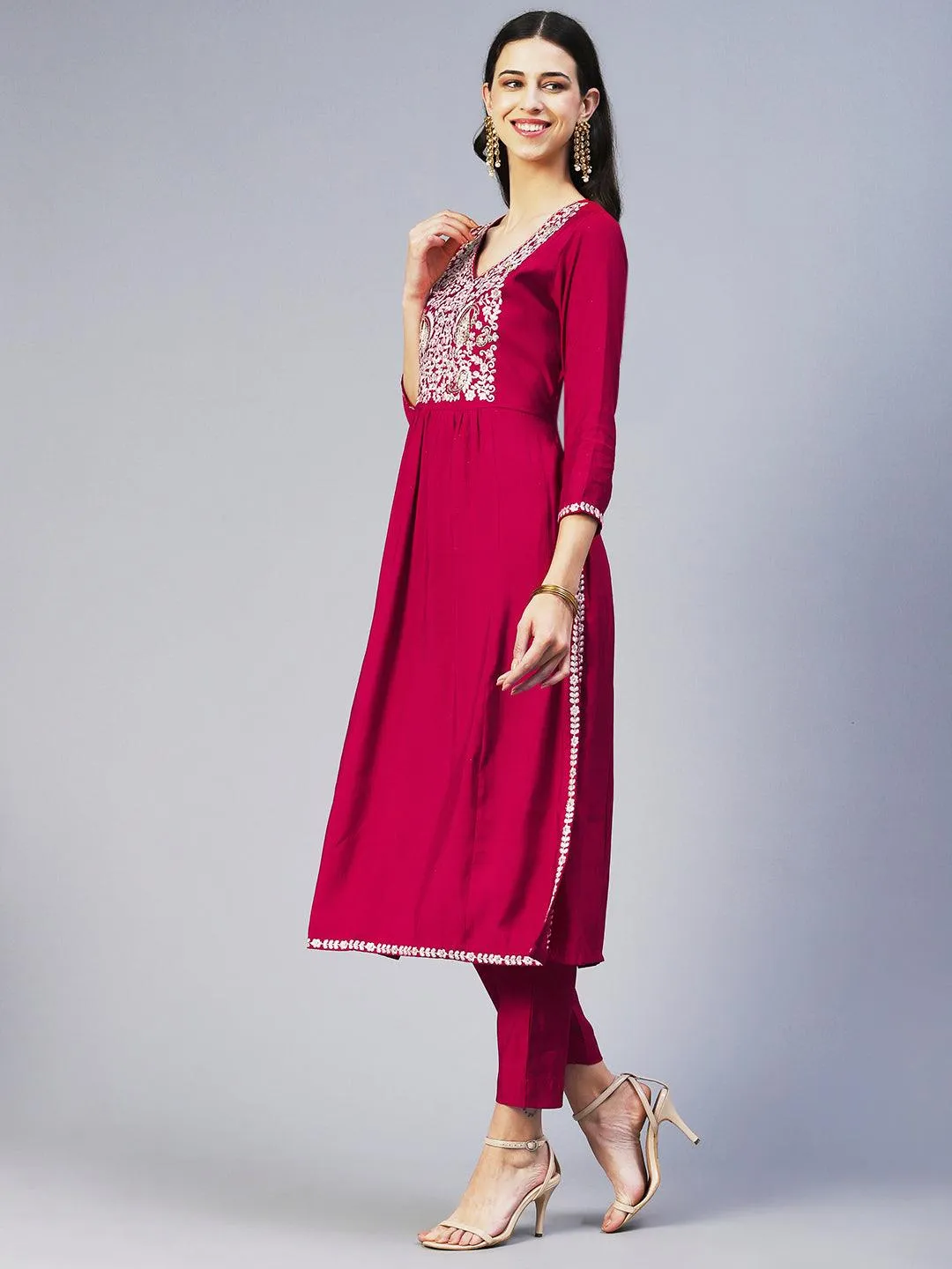 Floral Embroidered A-Line Kurta with Pant & Dupatta - Fuchsia