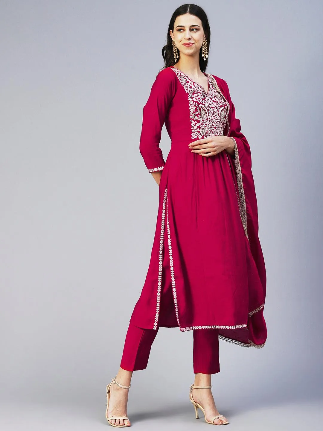 Floral Embroidered A-Line Kurta with Pant & Dupatta - Fuchsia