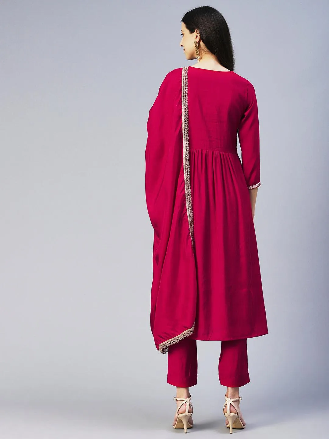 Floral Embroidered A-Line Kurta with Pant & Dupatta - Fuchsia