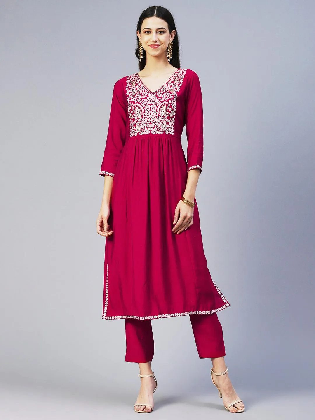 Floral Embroidered A-Line Kurta with Pant & Dupatta - Fuchsia