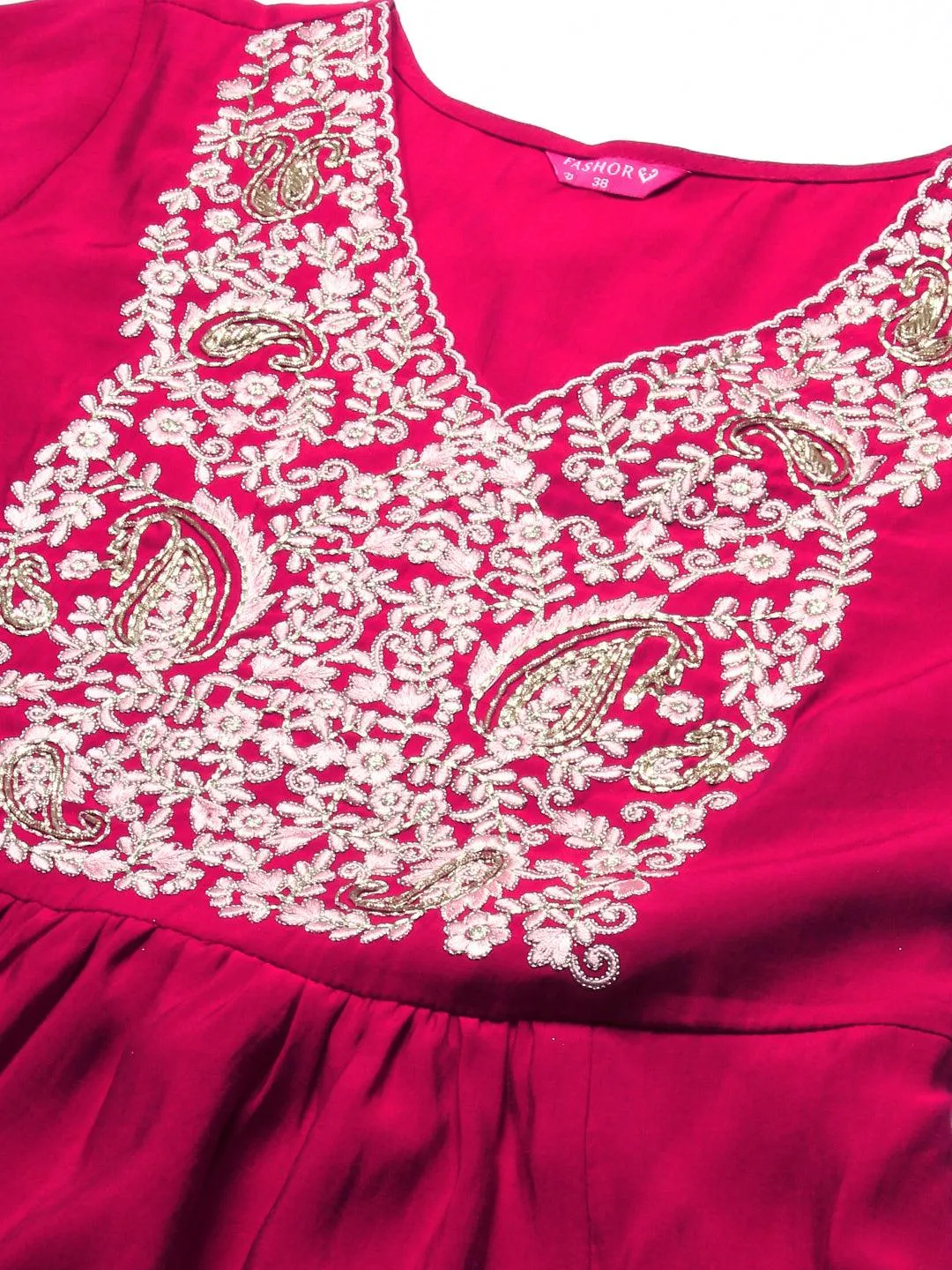 Floral Embroidered A-Line Kurta with Pant & Dupatta - Fuchsia