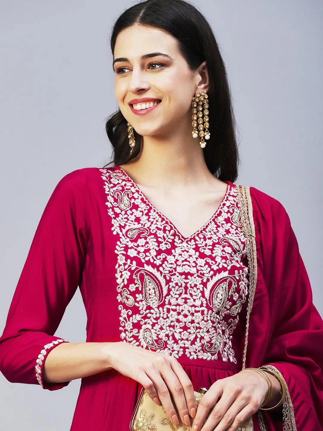 Floral Embroidered A-Line Kurta with Pant & Dupatta - Fuchsia
