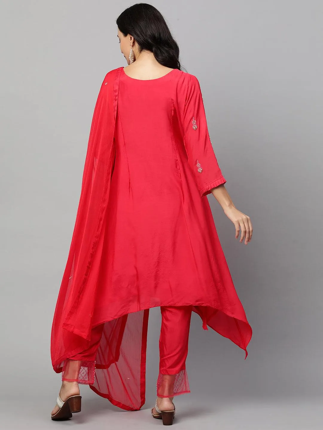 Floral Embroidered Asymmetrical Kurta & Pant with Dupatta - Ruby Pink