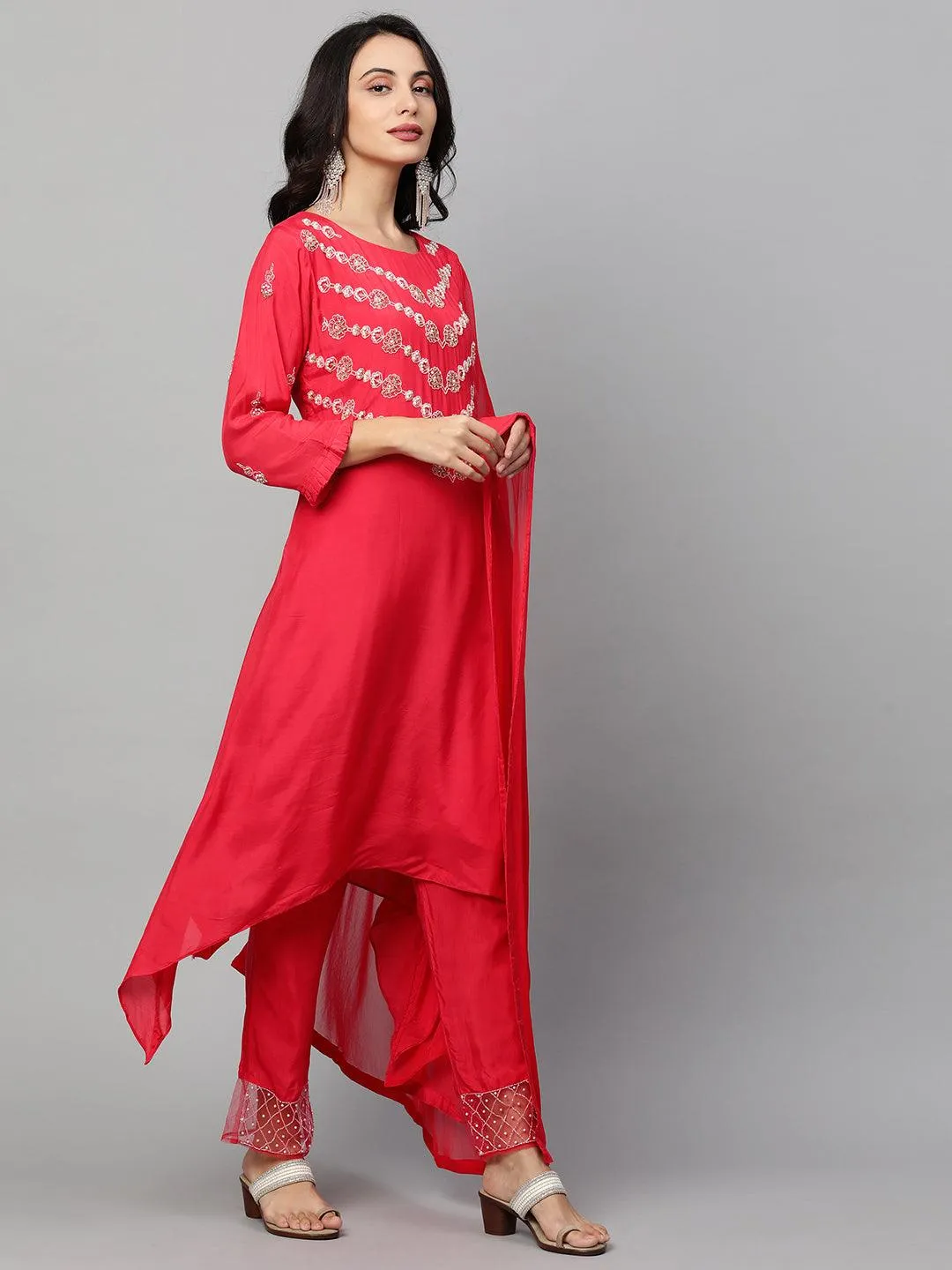 Floral Embroidered Asymmetrical Kurta & Pant with Dupatta - Ruby Pink