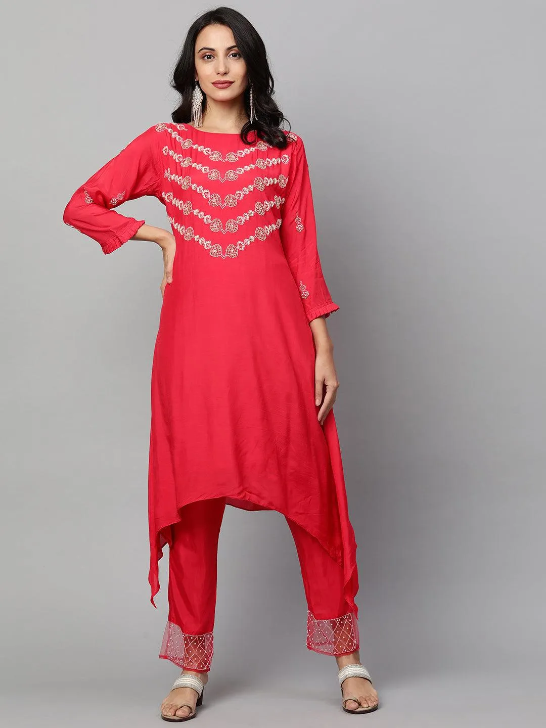 Floral Embroidered Asymmetrical Kurta & Pant with Dupatta - Ruby Pink