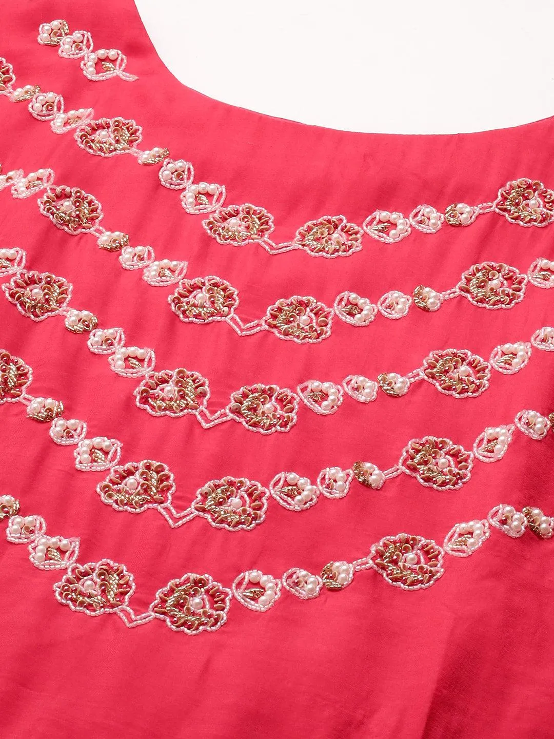 Floral Embroidered Asymmetrical Kurta & Pant with Dupatta - Ruby Pink