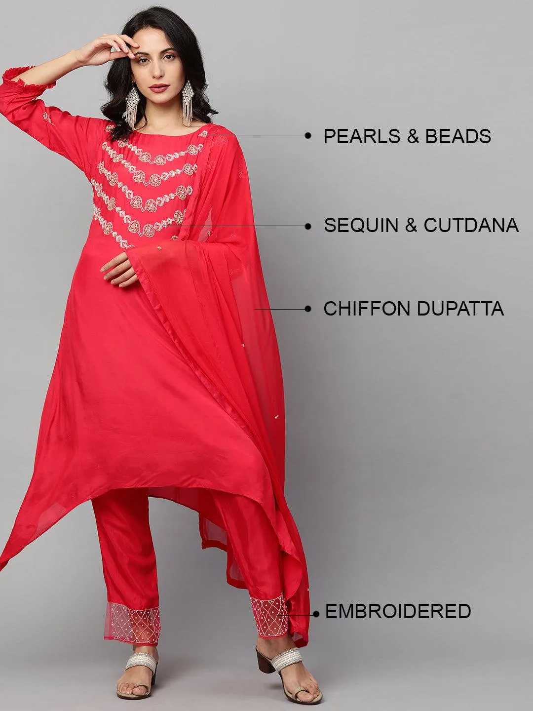 Floral Embroidered Asymmetrical Kurta & Pant with Dupatta - Ruby Pink