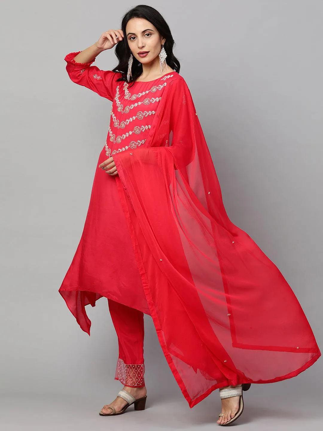 Floral Embroidered Asymmetrical Kurta & Pant with Dupatta - Ruby Pink