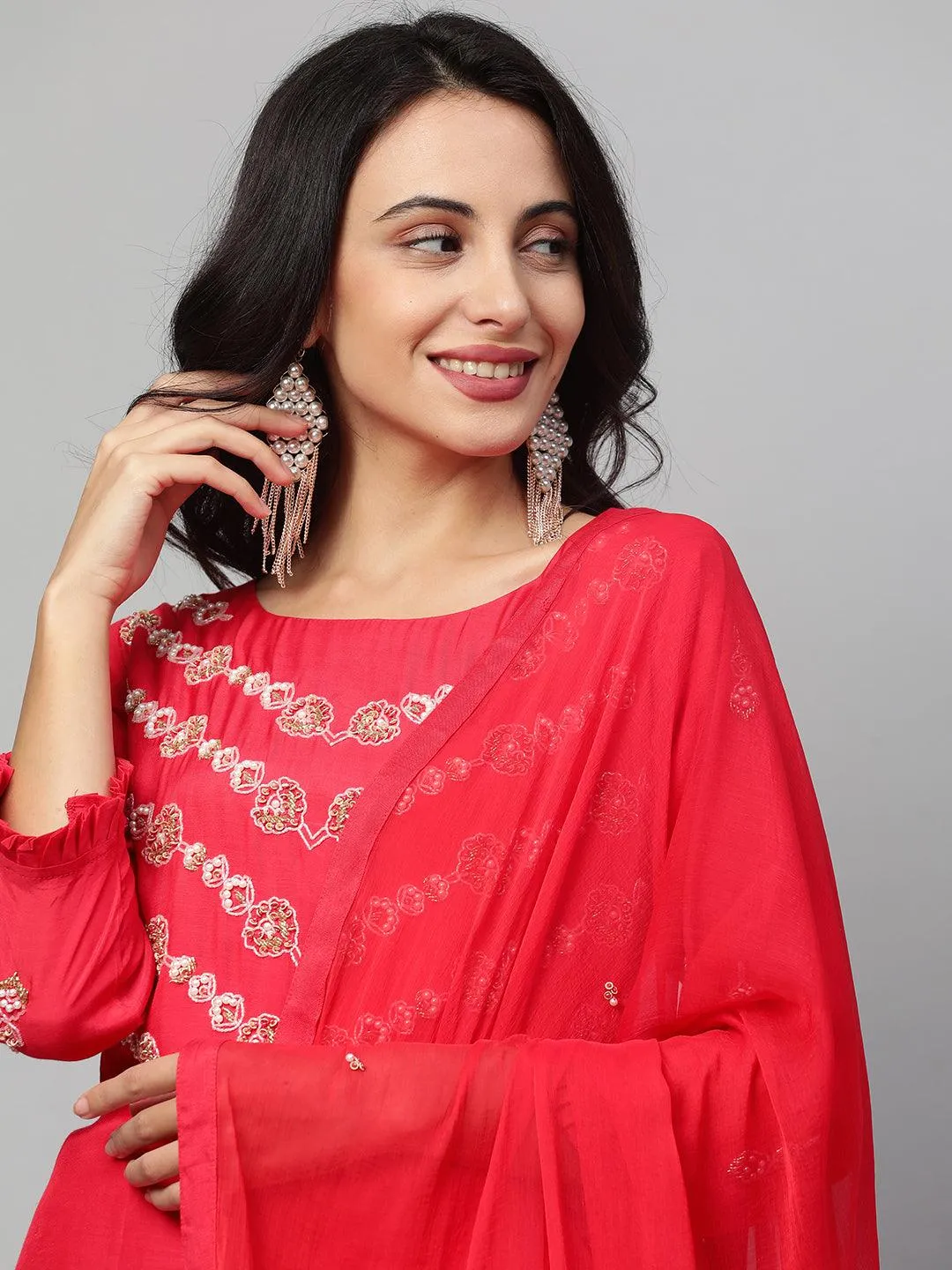 Floral Embroidered Asymmetrical Kurta & Pant with Dupatta - Ruby Pink