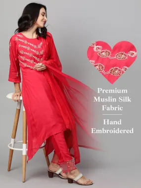 Floral Embroidered Asymmetrical Kurta & Pant with Dupatta - Ruby Pink