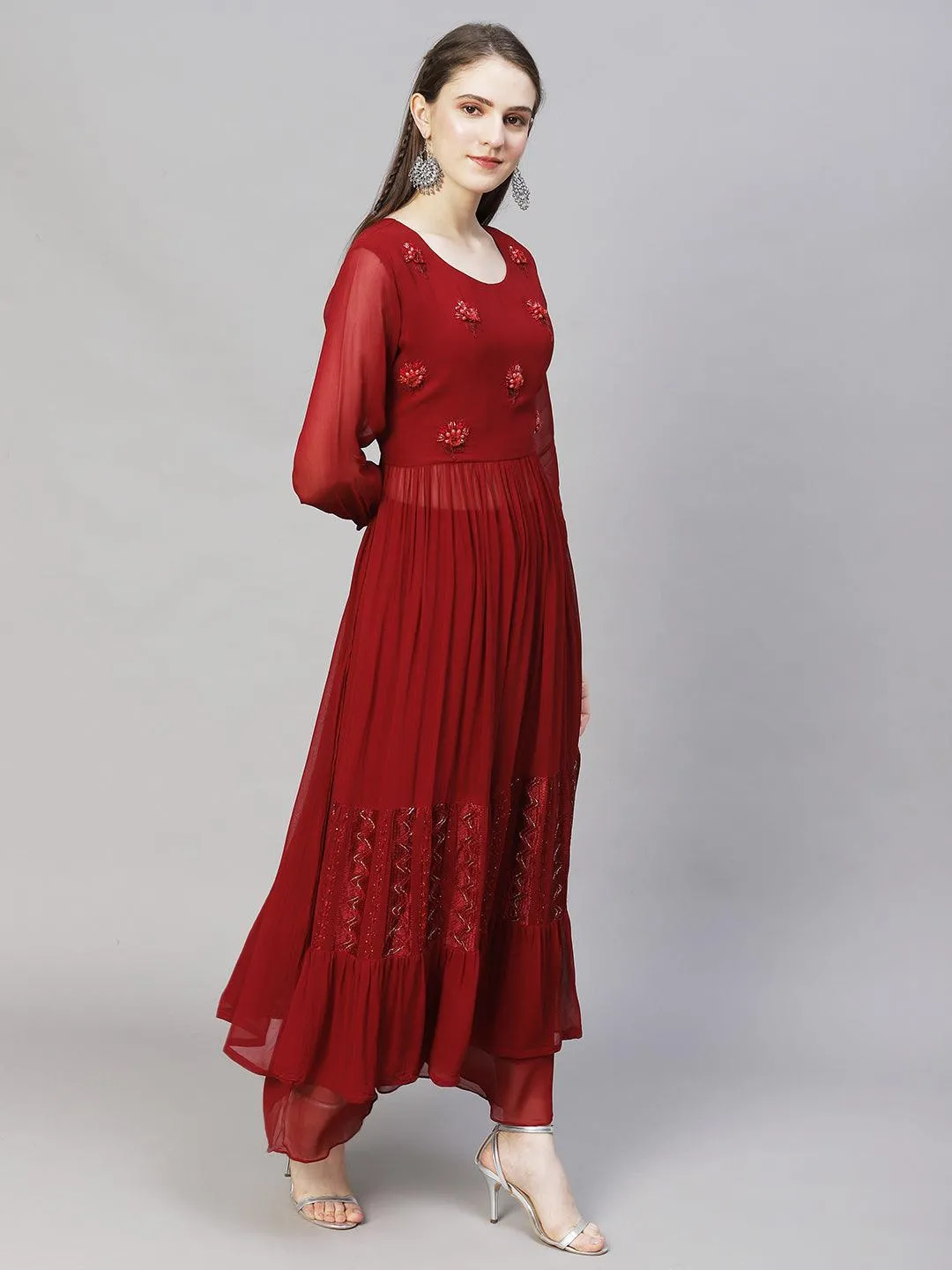 Floral Hand Embroidered A-Line Kurta with Palazzo & Dupatta - Maroon