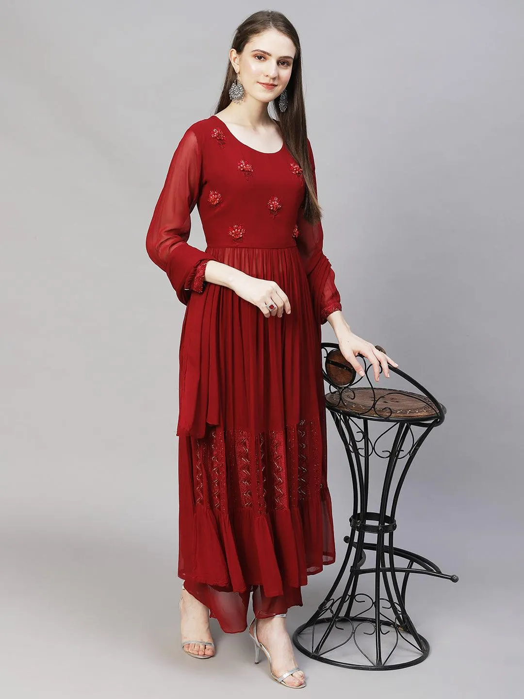 Floral Hand Embroidered A-Line Kurta with Palazzo & Dupatta - Maroon