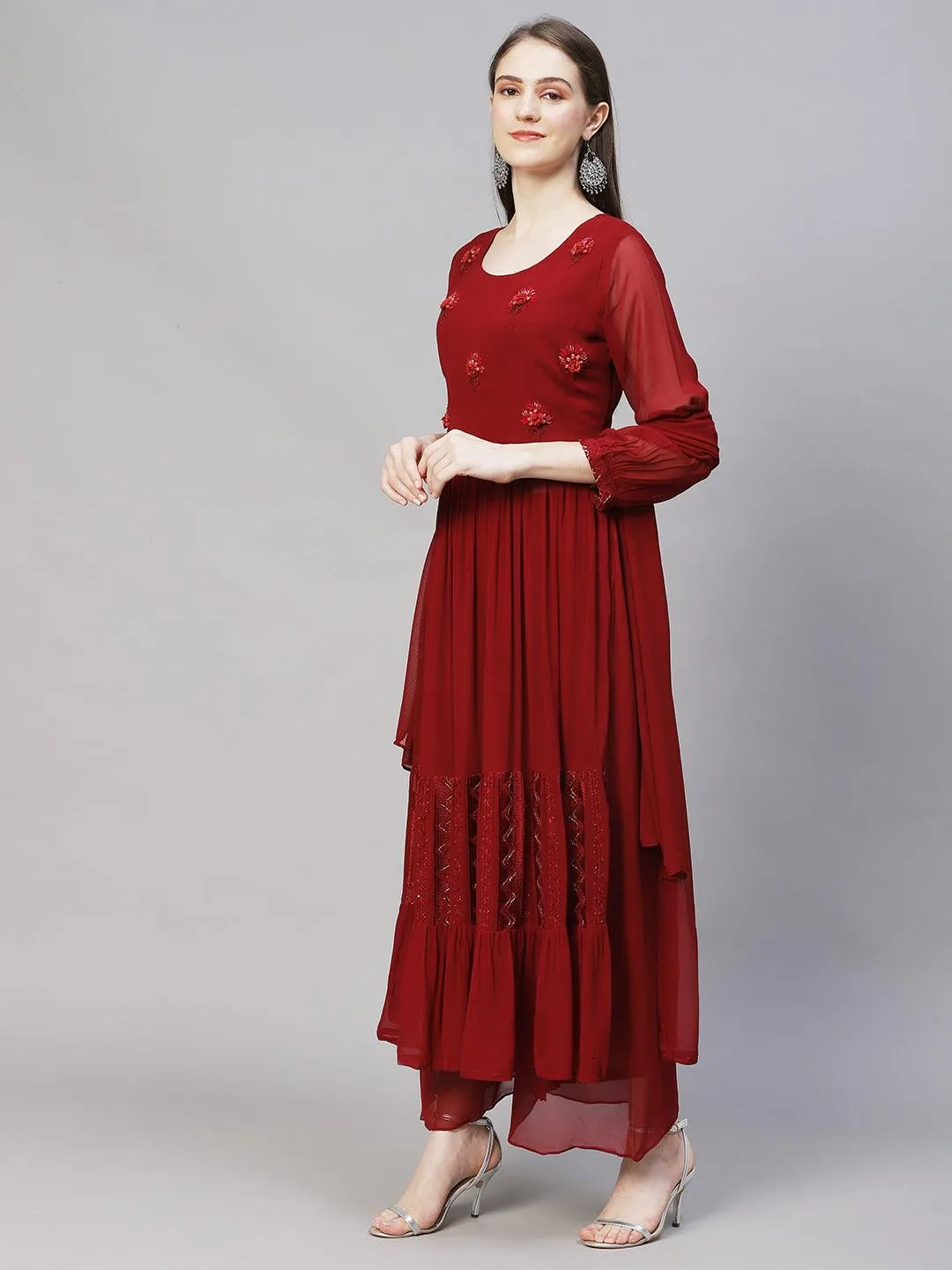 Floral Hand Embroidered A-Line Kurta with Palazzo & Dupatta - Maroon