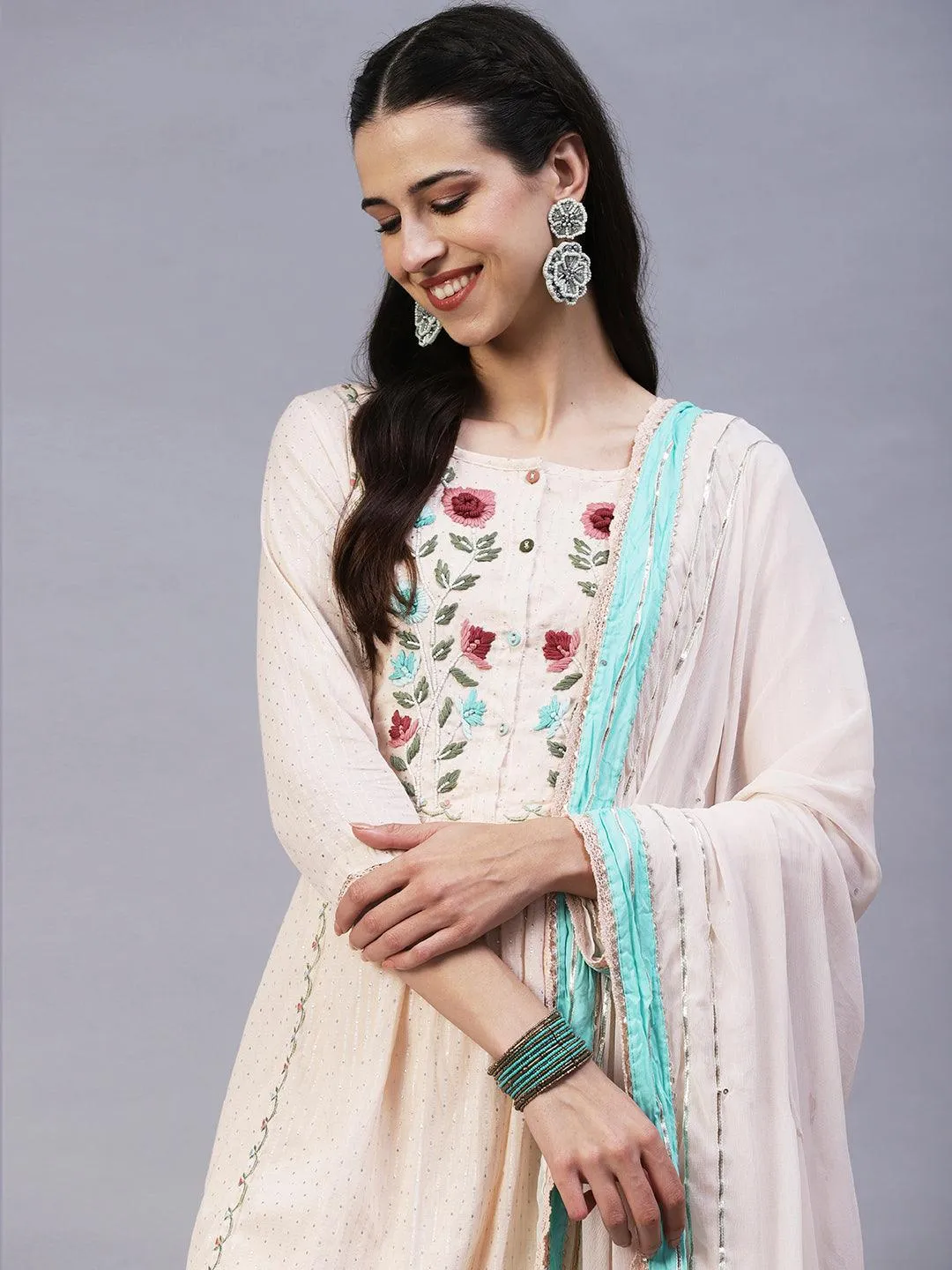 Floral Hand Embroidered A-Line Kurta with Pant & Dupatta - Cream
