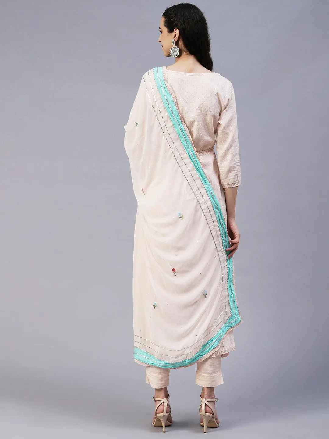 Floral Hand Embroidered A-Line Kurta with Pant & Dupatta - Cream