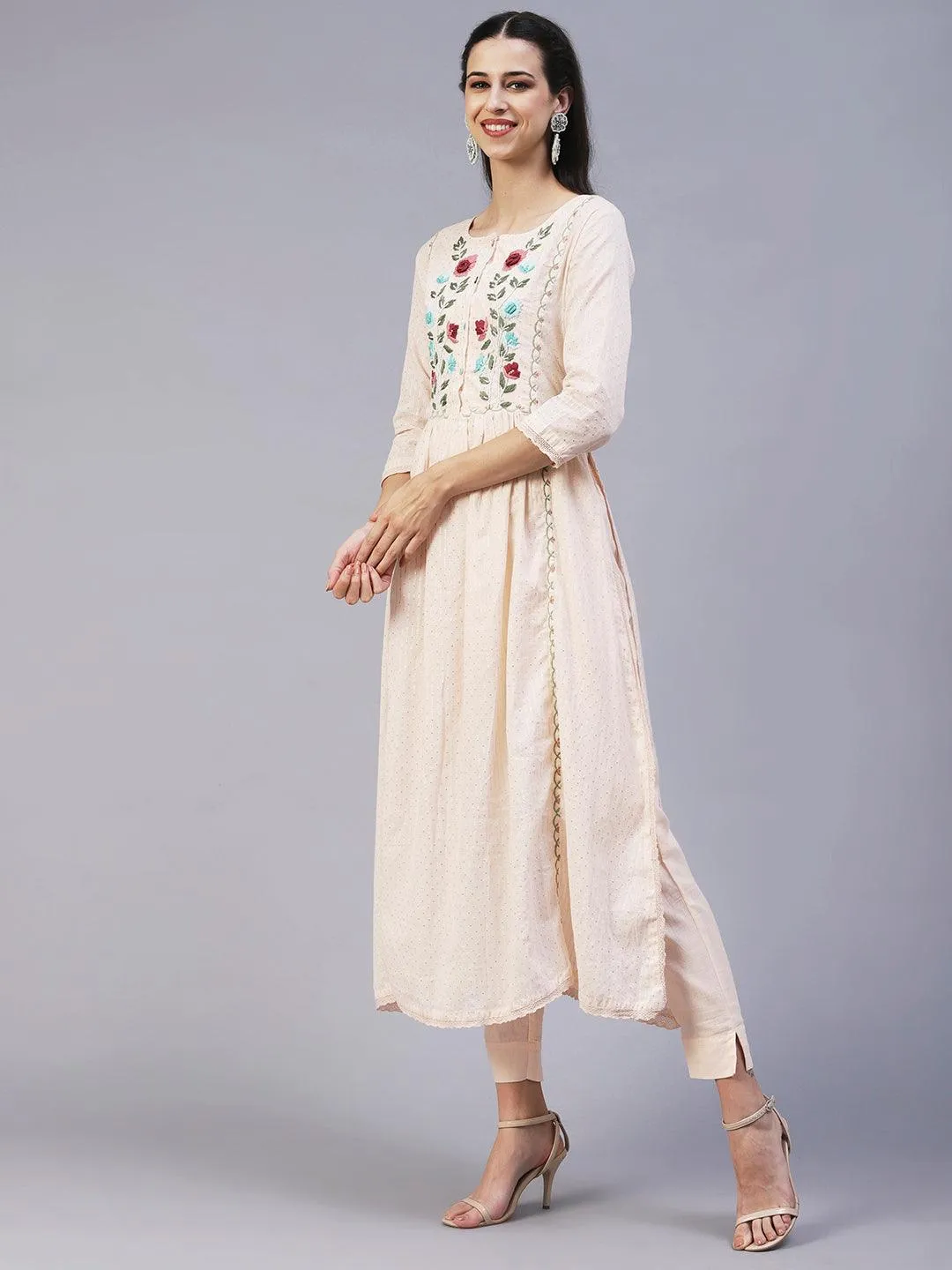 Floral Hand Embroidered A-Line Kurta with Pant & Dupatta - Cream