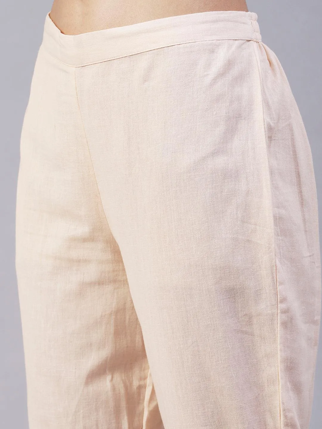 Floral Hand Embroidered A-Line Kurta with Pant & Dupatta - Cream