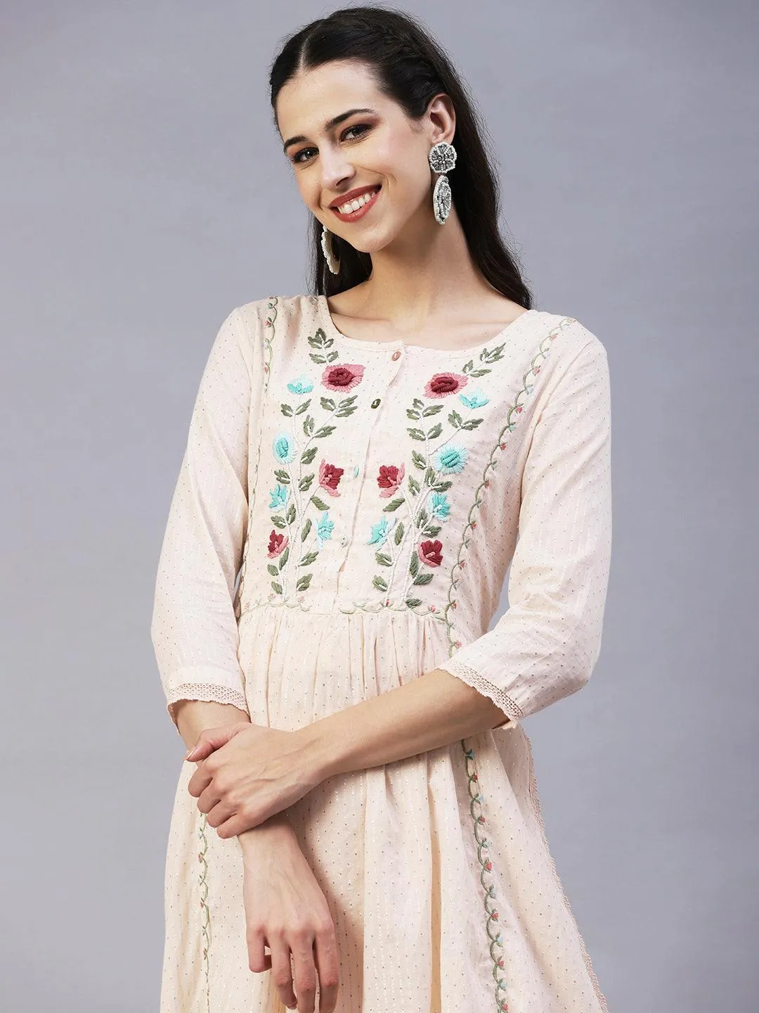 Floral Hand Embroidered A-Line Kurta with Pant & Dupatta - Cream