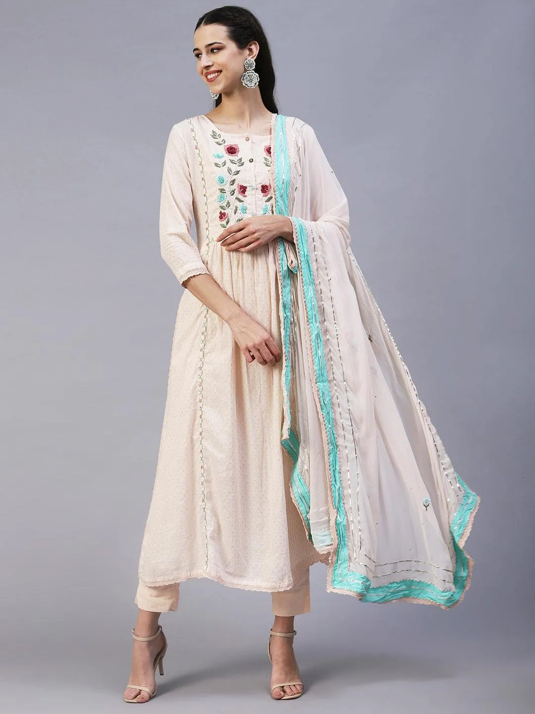 Floral Hand Embroidered A-Line Kurta with Pant & Dupatta - Cream