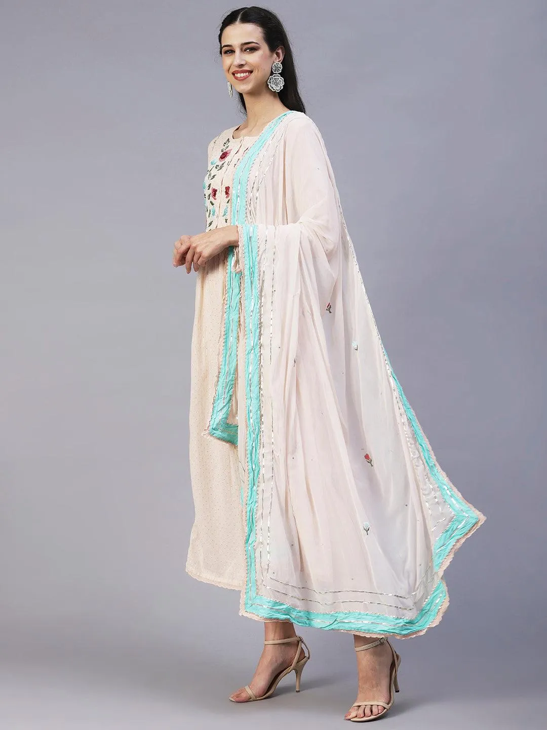 Floral Hand Embroidered A-Line Kurta with Pant & Dupatta - Cream