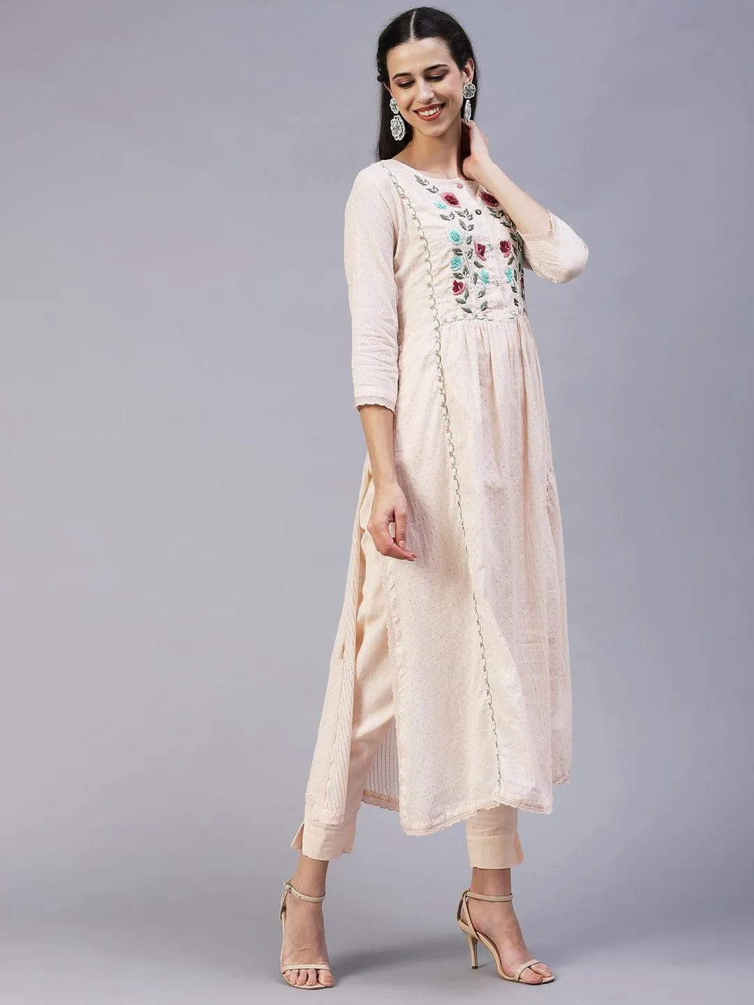 Floral Hand Embroidered A-Line Kurta with Pant & Dupatta - Cream