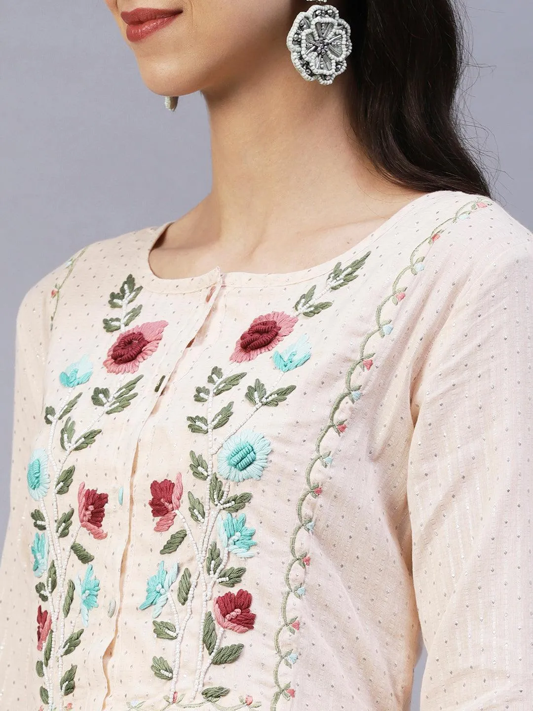 Floral Hand Embroidered A-Line Kurta with Pant & Dupatta - Cream