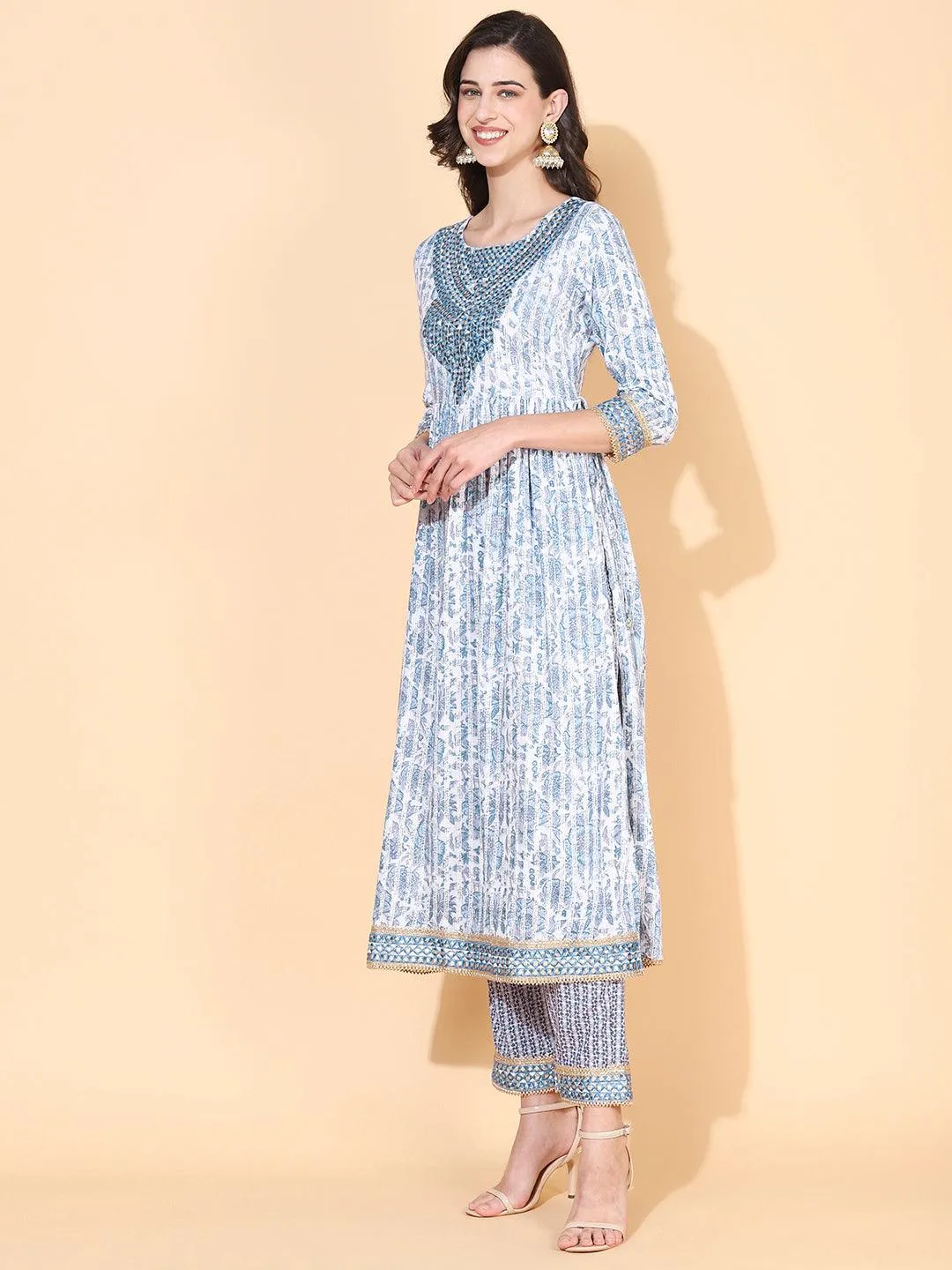 Floral Printed & Embroidered A-Line Kurta with Pant & Dupatta - Blue