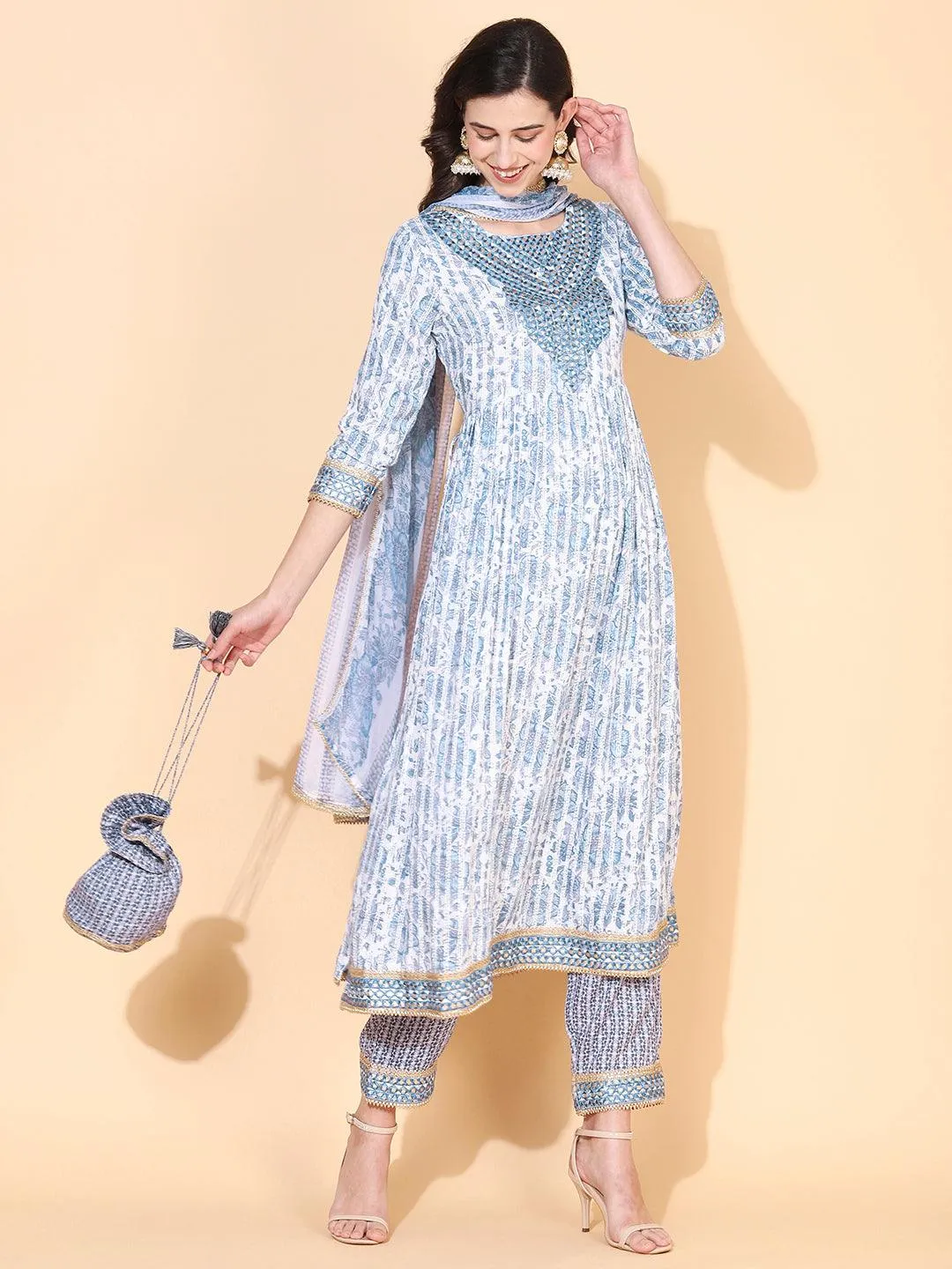 Floral Printed & Embroidered A-Line Kurta with Pant & Dupatta - Blue