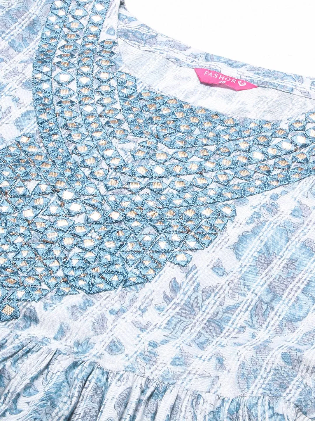 Floral Printed & Embroidered A-Line Kurta with Pant & Dupatta - Blue