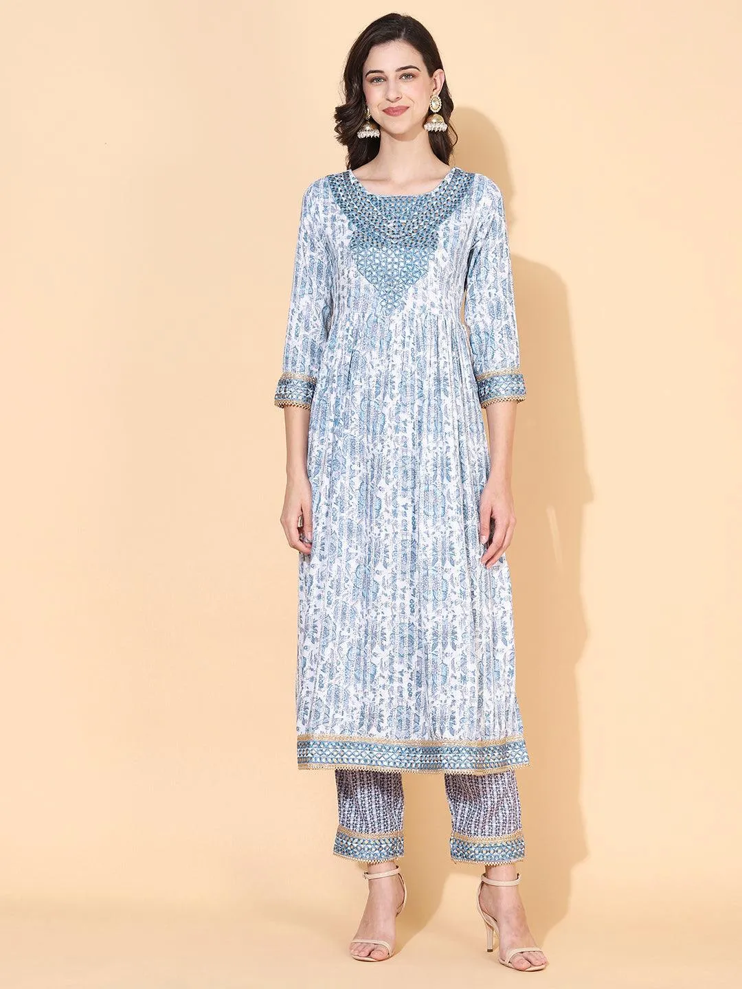 Floral Printed & Embroidered A-Line Kurta with Pant & Dupatta - Blue