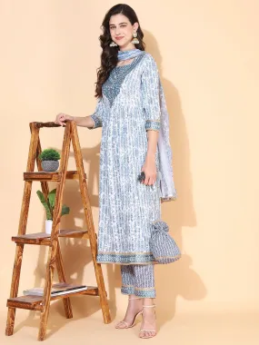 Floral Printed & Embroidered A-Line Kurta with Pant & Dupatta - Blue