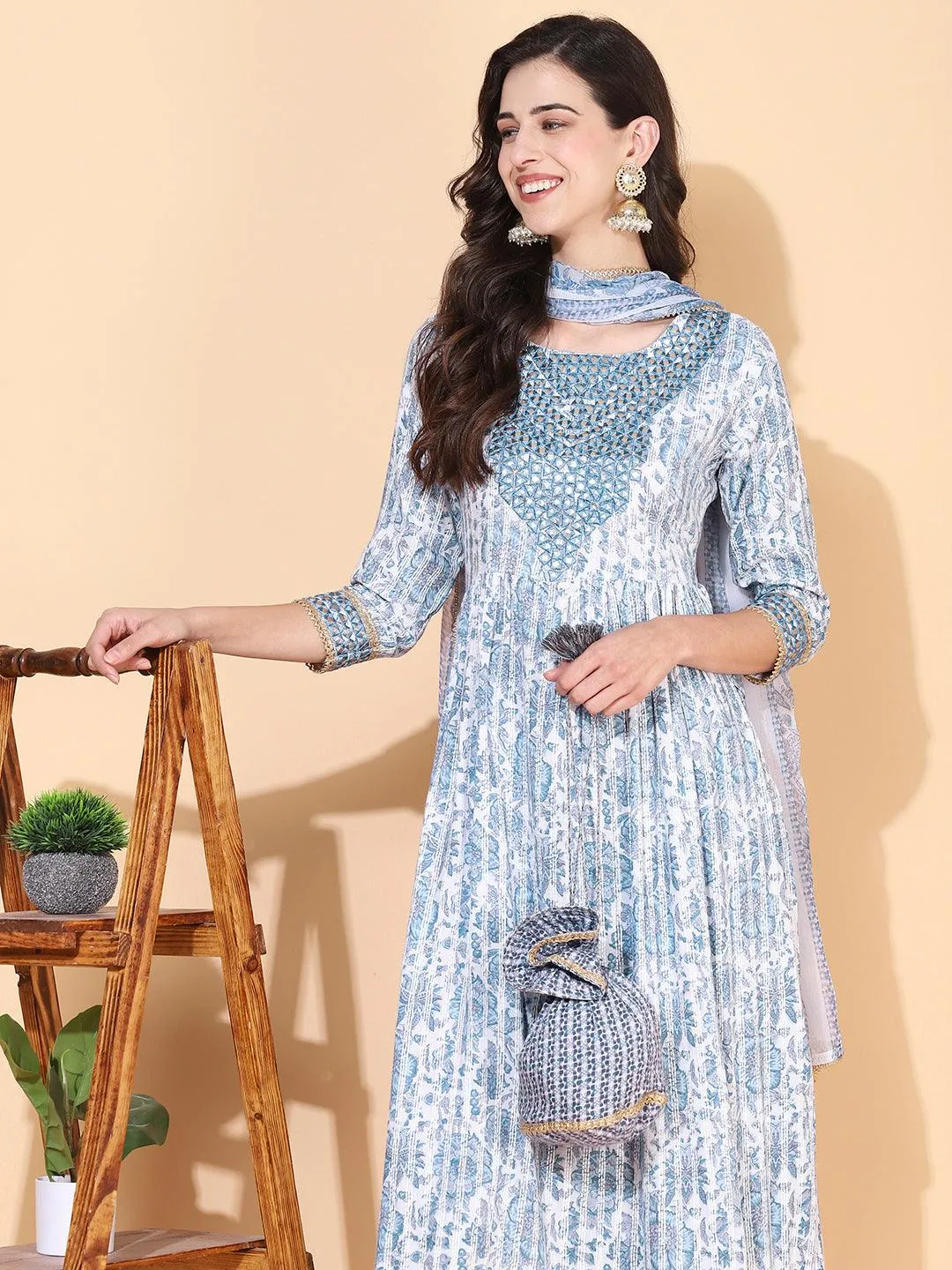 Floral Printed & Embroidered A-Line Kurta with Pant & Dupatta - Blue