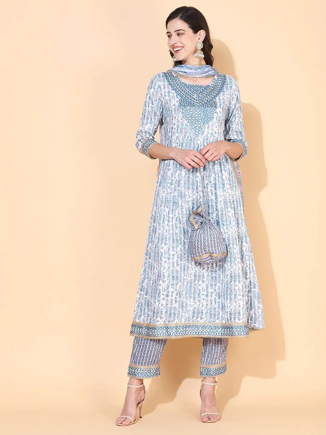 Floral Printed & Embroidered A-Line Kurta with Pant & Dupatta - Blue