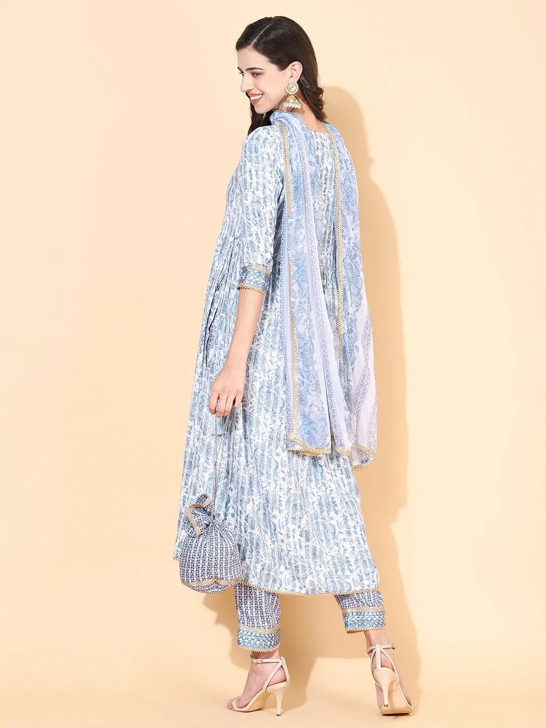 Floral Printed & Embroidered A-Line Kurta with Pant & Dupatta - Blue