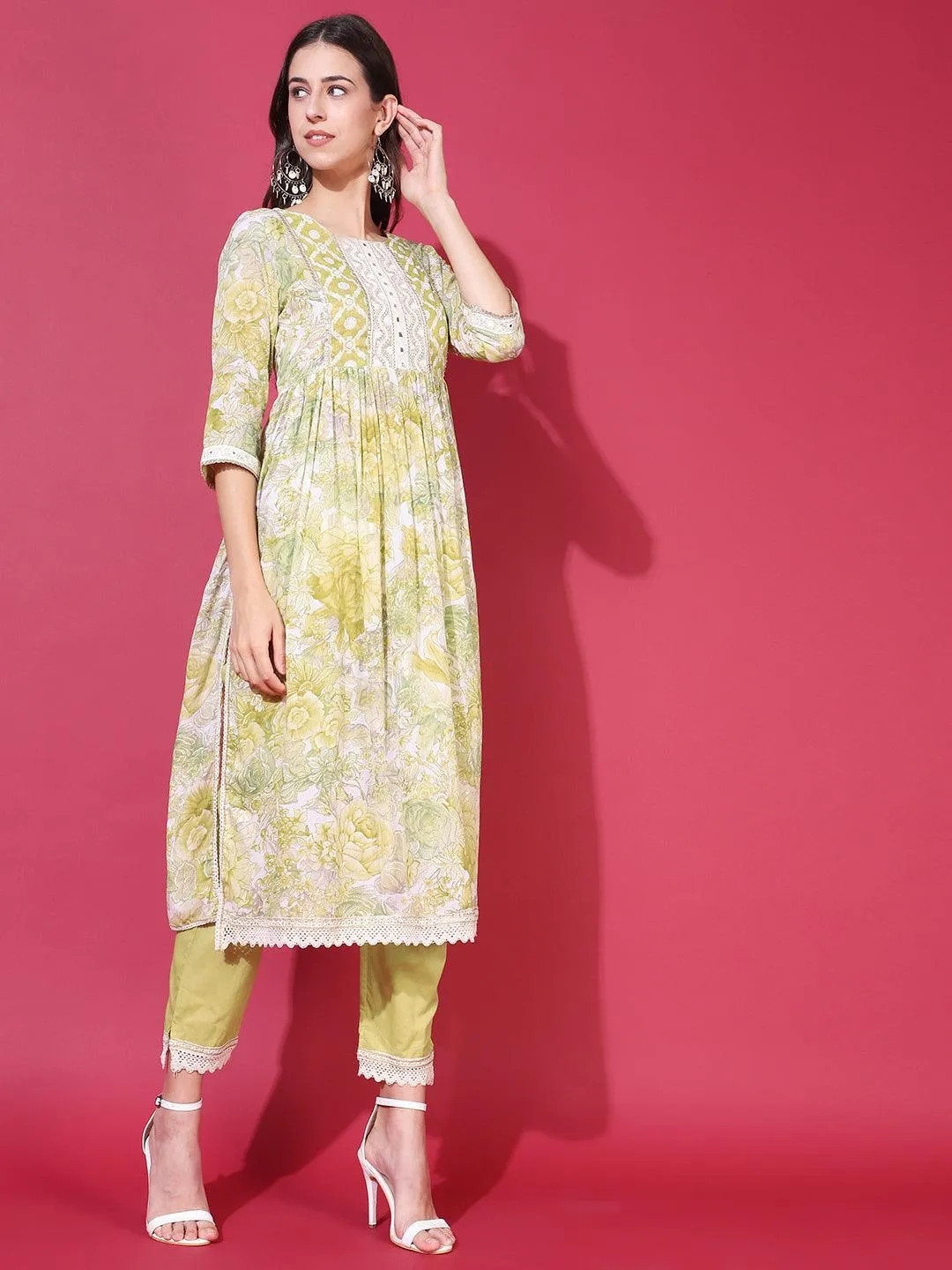 Floral Printed & Embroidered A-Line Kurta with Pants & Dupatta - Pastel Green