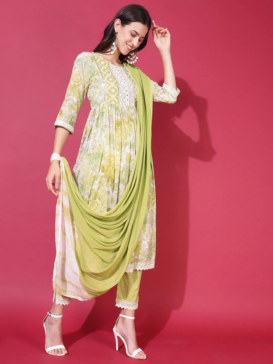 Floral Printed & Embroidered A-Line Kurta with Pants & Dupatta - Pastel Green
