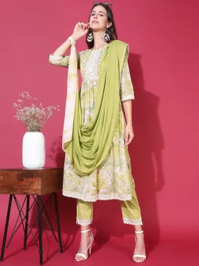 Floral Printed & Embroidered A-Line Kurta with Pants & Dupatta - Pastel Green