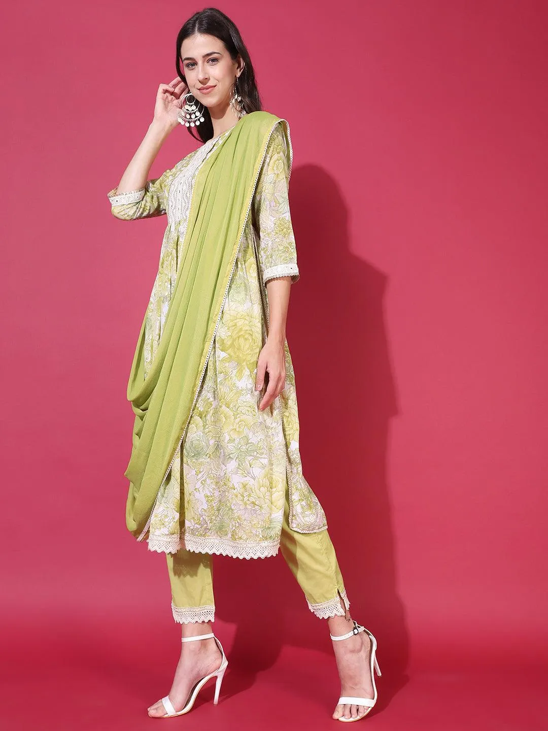 Floral Printed & Embroidered A-Line Kurta with Pants & Dupatta - Pastel Green