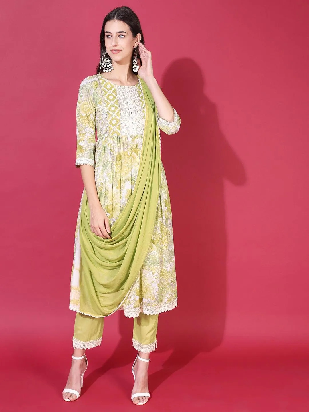 Floral Printed & Embroidered A-Line Kurta with Pants & Dupatta - Pastel Green