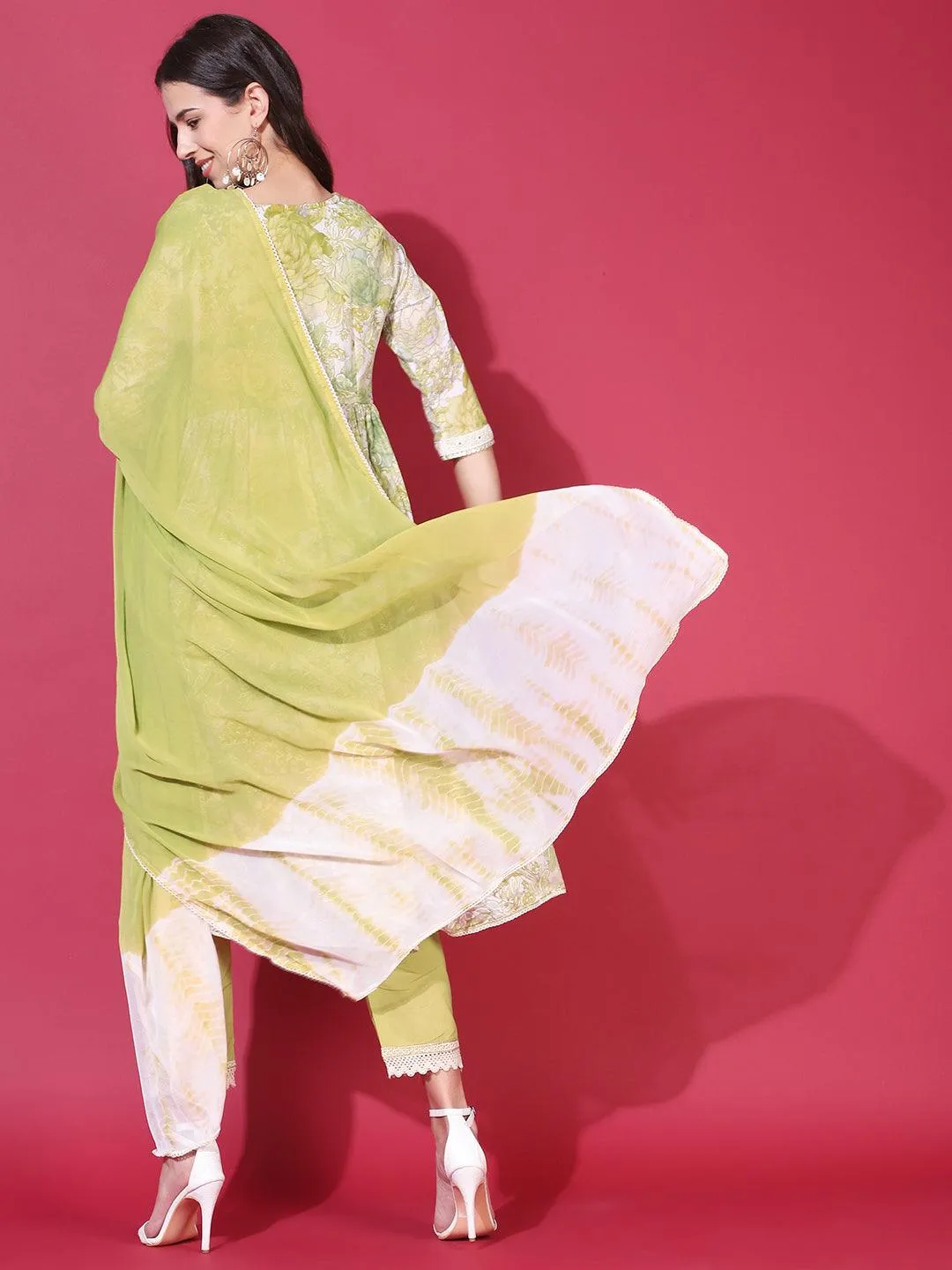 Floral Printed & Embroidered A-Line Kurta with Pants & Dupatta - Pastel Green