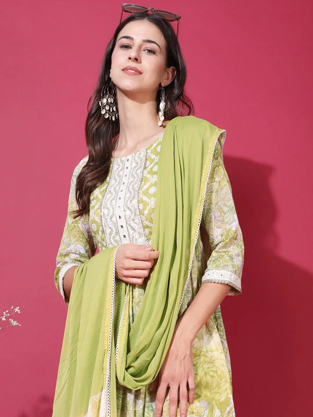 Floral Printed & Embroidered A-Line Kurta with Pants & Dupatta - Pastel Green