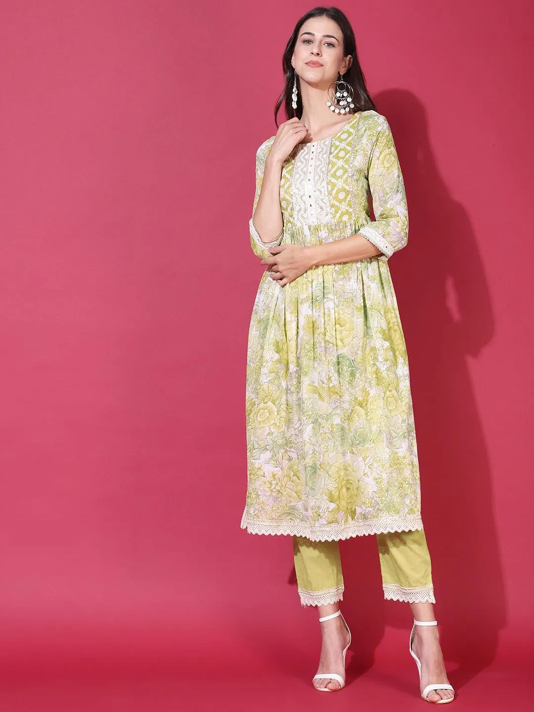 Floral Printed & Embroidered A-Line Kurta with Pants & Dupatta - Pastel Green