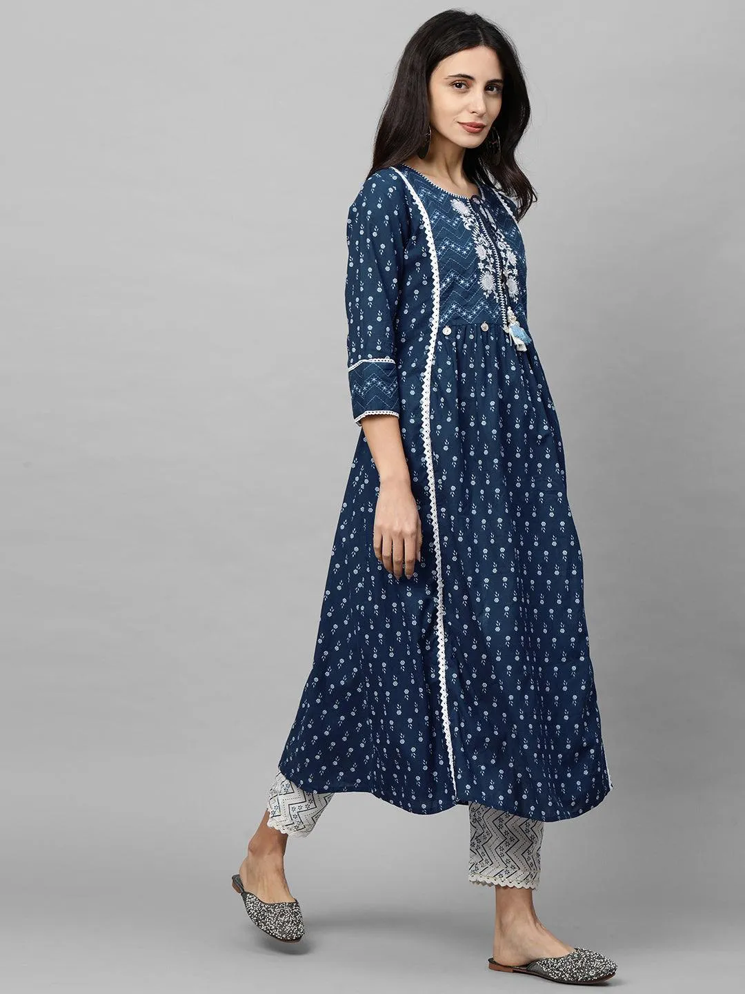 Floral Printed & Embroidered Kurta with Printed Pant & Dupatta - Navy Blue