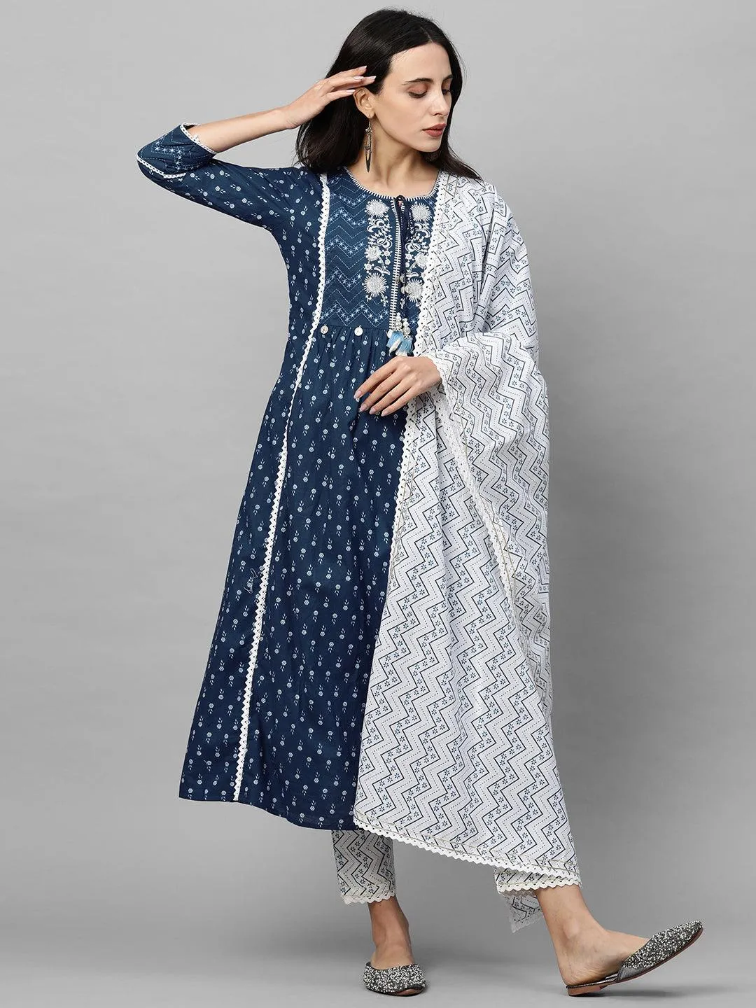 Floral Printed & Embroidered Kurta with Printed Pant & Dupatta - Navy Blue